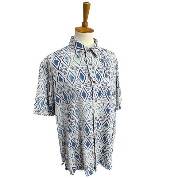 Island Republic 100% Silk Short Sleeve Geometric Button Up Top Size XL - Picture 3 of 6